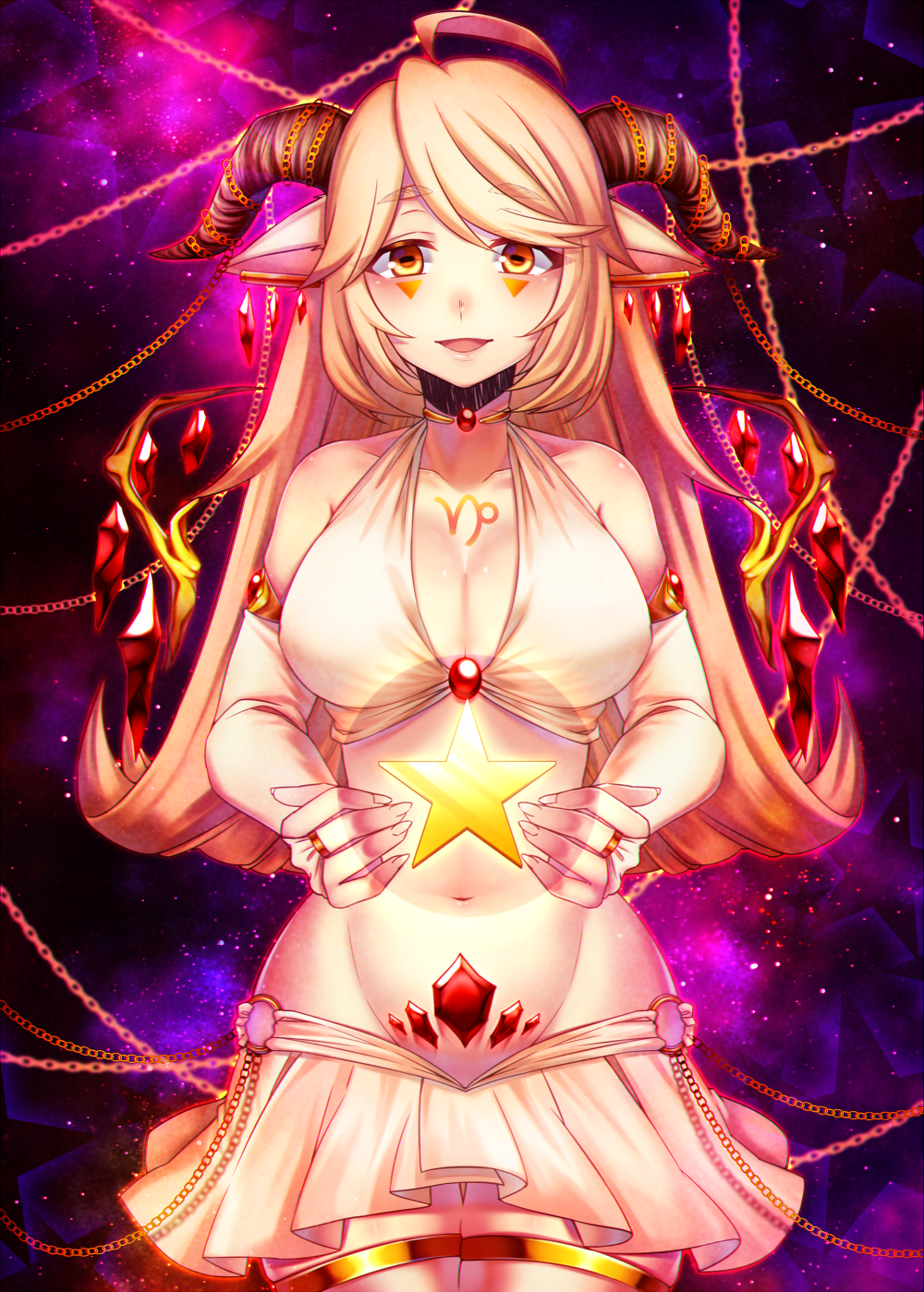 1girl ahoge bare_shoulders blonde_hair blush breasts bridal_gauntlets chains choker cowboy_shot earrings facial_mark flipped_hair groin highres horns jewelry large_breasts long_hair looking_at_viewer navel original parted_lips pointy_ears rom smile solo star stomach thigh-highs yellow_eyes