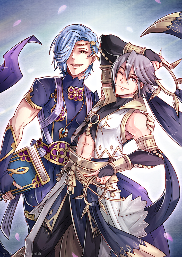 2boys azur_(fire_emblem) blue_hair book elbow_gloves fire_emblem fire_emblem:_kakusei fire_emblem_heroes fire_emblem_if gloves grey_hair gzei hair_over_one_eye holding holding_book looking_at_viewer multiple_boys one_eye_closed shigure_(fire_emblem_if) smile