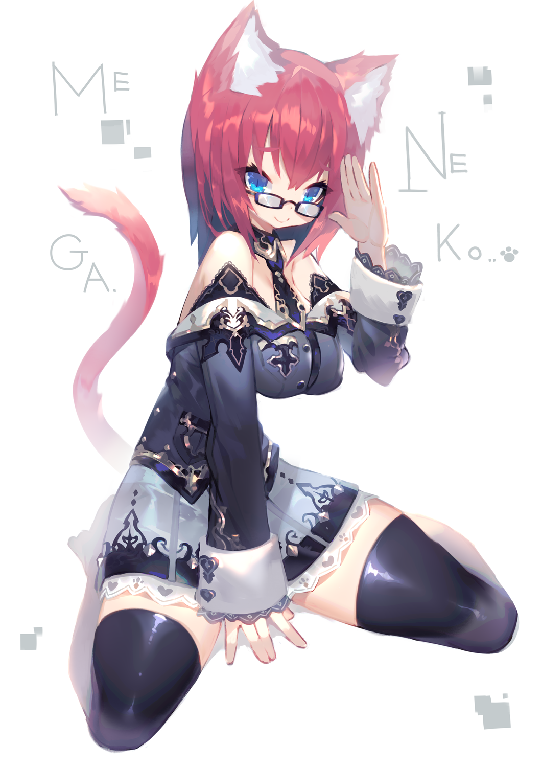 animal_ears bare_shoulders blue_eyes cat_ears cat_tail detached_collar glasses highres kneeling looking_at_viewer mamuru necktie original redhead short_hair simple_background sitting smile strapless tail thigh-highs wariza white_background