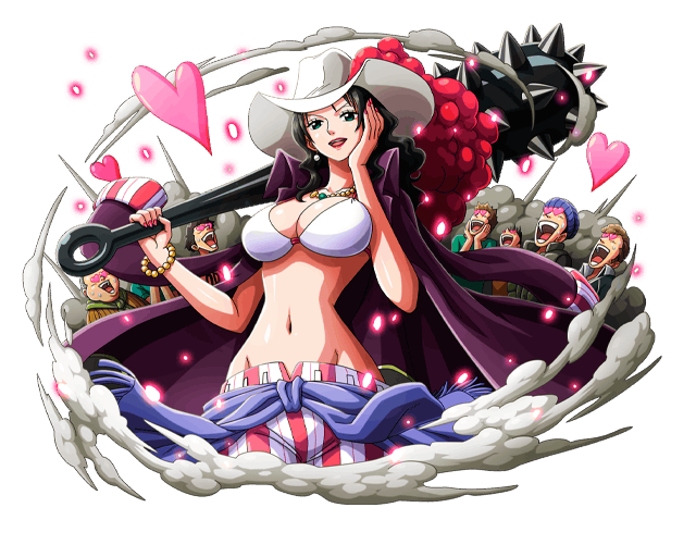 1girl :d alvida_(one_piece) black_hair bodskih breasts collarbone earrings groin hand_in_hair hat heart holding holding_weapon jewelry large_breasts lipstick long_hair makeup navel necklace one_piece open_mouth pants red_lips shiny shiny_skin smile stomach striped striped_pants sun_hat transparent_background weapon white_bikini_top white_hat