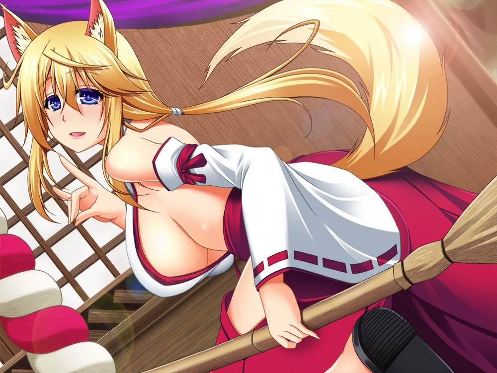 1girl animal_ears backless_outfit bare_shoulders blonde_hair blue_eyes breasts detached_sleeves fox_ears fox_shadow_puppet fox_tail hair_between_eyes hakama hip_vent japanese_clothes large_breasts long_hair long_sleeves looking_at_viewer low_ponytail miko mirisha original parted_lips sideboob smile solo tail wide_sleeves