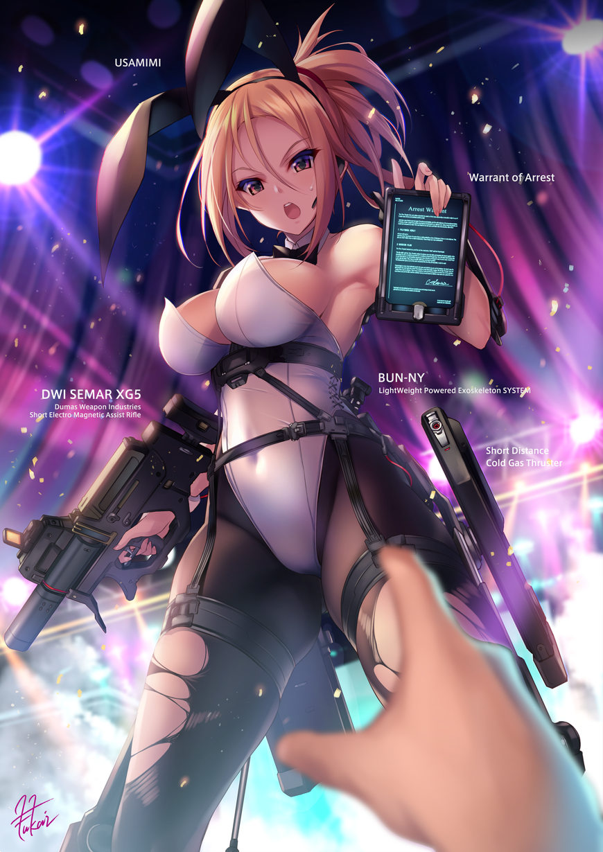 &gt;:o 1girl :o animal_ears arrest artist_name black_bow black_legwear black_neckwear blonde_hair blurry bow bowtie breasts brown_eyes bunnysuit commentary_request covered_navel cowboy_shot depth_of_field detached_collar finger_on_trigger fukai_ryousuke gun hair_between_eyes hand_up headset highres holding large_breasts legs_apart leotard long_hair looking_at_viewer nightclub open_mouth original pantyhose pov rabbit_ears rifle signature solo spotlight standing strap strapless strapless_leotard tablet_pc torn_clothes torn_pantyhose tsurime weapon white_leotard wrist_cuffs