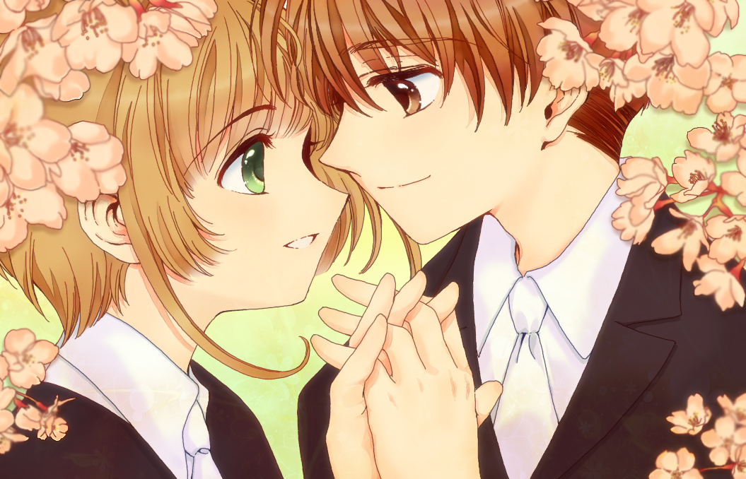 1boy 1girl black_jacket brown_eyes brown_hair card_captor_sakura eye_contact eyebrows_visible_through_hair formal green_eyes hand_holding interlocked_fingers jacket kinomoto_sakura li_xiaolang looking_at_another necktie pink_flower portrait shirt short_hair_with_long_locks sidelocks smile wafuko white_necktie white_shirt