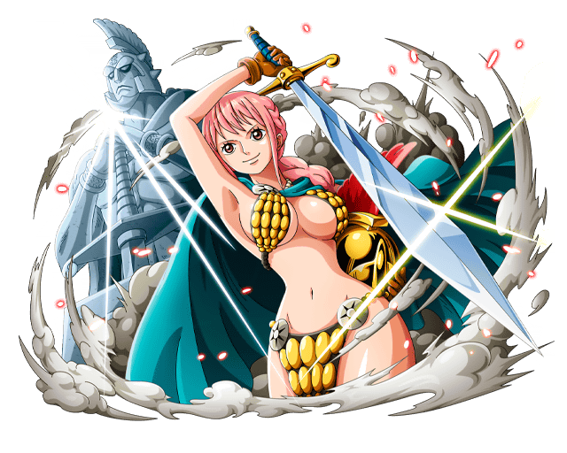 1girl arm_up armor bikini_armor bodskih braid breasts brown_eyes brown_gloves cleavage cowboy_shot dutch_angle gloves groin holding holding_sword holding_weapon large_breasts long_hair navel one_piece pink_hair rebecca_(one_piece) sideboob sidelocks single_braid smile solo standing statue sword transparent_background weapon