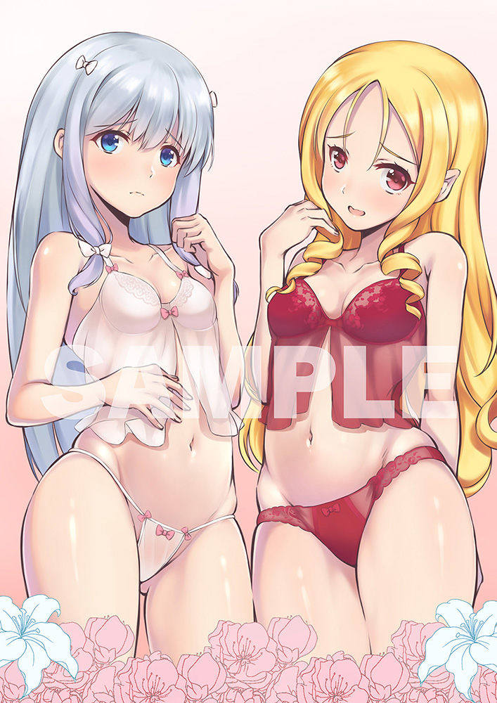 2girls arm_behind_back bangs bare_shoulders blonde_hair blue_eyes blue_hair blush bow bow_panties breasts camisole clenched_hand closed_mouth collarbone commentary cowboy_shot english eromanga_sensei eyebrows_visible_through_hair flower frown gluteal_fold gradient gradient_background groin hair_bow head_tilt izumi_sagiri lily_(flower) long_hair looking_at_viewer medium_breasts multiple_girls panties parted_bangs parted_lips piano-alice pink_bow pointy_ears red_eyes red_panties sample sidelocks small_breasts standing underwear very_long_hair white_bow white_panties yamada_elf