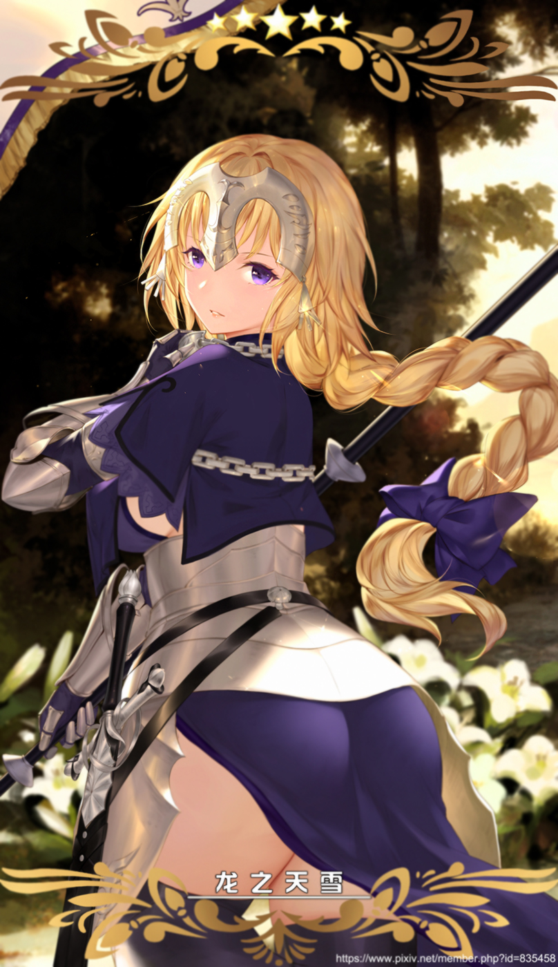 1girl armor ass bangs blonde_hair bow braid breasts cangkong chains corset cowboy_shot dress earrings fate/apocrypha fate_(series) faulds from_behind gauntlets glint hair_bow headpiece highres holding holding_weapon jewelry long_hair looking_back medium_breasts parted_lips pixiv_id polearm purple_bow purple_dress ruler_(fate/apocrypha) sheath sheathed sideboob single_braid smile solo spear standing star sword thighs very_long_hair violet_eyes watermark weapon web_address