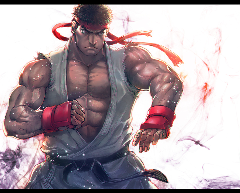 &gt;:( arm_guards aura bare_shoulders belt black_belt boyaking brown_eyes brown_hair clenched_hand closed_mouth collarbone commentary_request dougi fighting_stance headband karate_gi letterboxed looking_to_the_side male_focus muscle ryuu_(street_fighter) serious simple_background spiky_hair street_fighter thick_eyebrows upper_body white_background