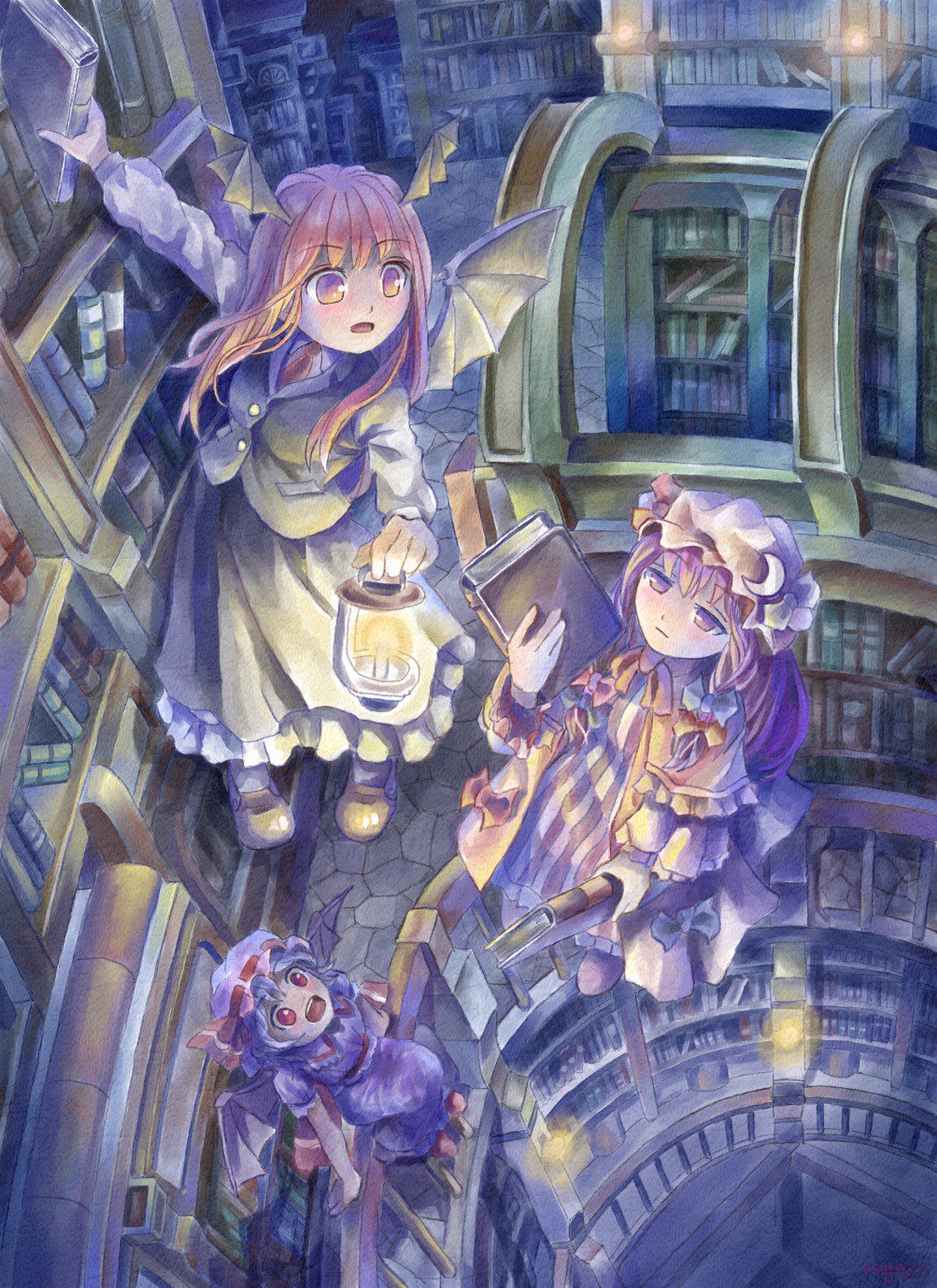 3girls :o :| arm_up bat_wings blue_hair blush book bookshelf candle closed_mouth commentary_request crescent dress expressionless floating from_above hat head_wings highres holding holding_book implied_pantyshot jitome koakuma lantern library long_hair long_sleeves looking_up mob_cap multiple_girls nagayo necktie open_mouth patchouli_knowledge purple_dress purple_hair railing red_eyes red_necktie redhead remilia_scarlet revision ribbon room short_hair sitting sitting_on_railing skirt skirt_set smile stone_floor striped striped_dress touhou vertical_stripes vest violet_eyes voile wings