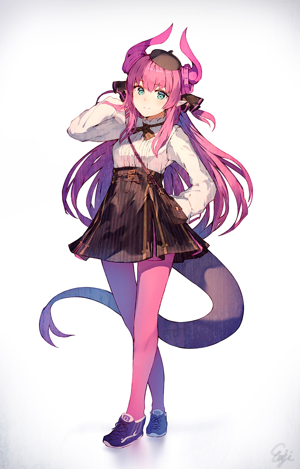 1girl adjusting_hair alternate_costume arm_up bag bangs beret black_footwear black_hat black_skirt blouse blue_eyes blush closed_mouth curled_horns enj! eyebrows_visible_through_hair fate/extra fate/extra_ccc fate_(series) full_body gradient gradient_background grey_background hand_in_hair hat high-waist_skirt highres horns lancer_(fate/extra_ccc) long_hair long_sleeves looking_at_viewer mini_hat pantyhose pink_hair pink_legwear pointy_ears purple_hair purple_legwear shirt shoes signature skirt smile sneakers solo standing tail tareme thigh_gap white_blouse white_shirt