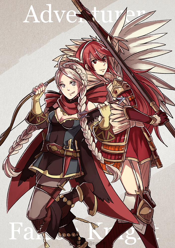 2girls armor boots bow_(weapon) dagger eponine_(fire_emblem_if) fingerless_gloves fire_emblem fire_emblem_if gloves gzei holding holding_weapon japanese_clothes long_hair looking_at_viewer matoi_(fire_emblem_if) multiple_girls polearm ponytail redhead smile spear thigh-highs weapon white_hair