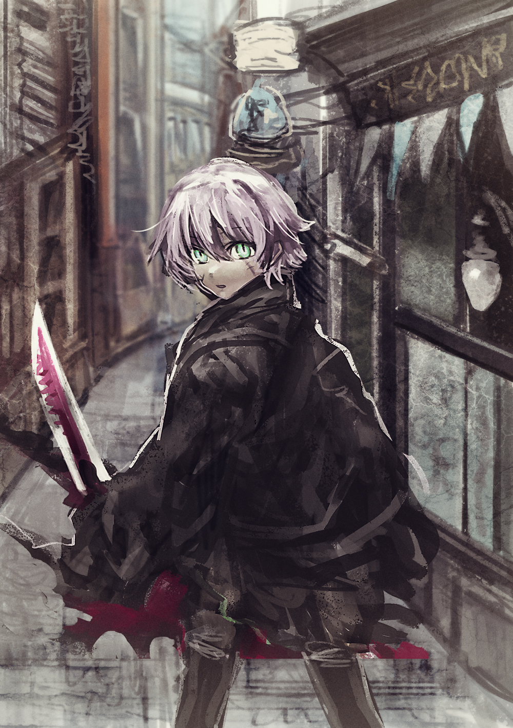 1girl :o aqua_eyes assassin_of_black bangs black_coat black_legwear building coat cowboy_shot day eyebrows eyebrows_visible_through_hair facial_scar fate/apocrypha fate_(series) from_behind hair_between_eyes highres holding holding_knife holding_weapon knife kururi_(9ruri) lamp legs_apart london long_sleeves looking_at_viewer looking_back open_mouth outdoors scar shop short_hair silver_hair solo standing stitches tareme torn_clothes torn_coat weapon wide_sleeves window