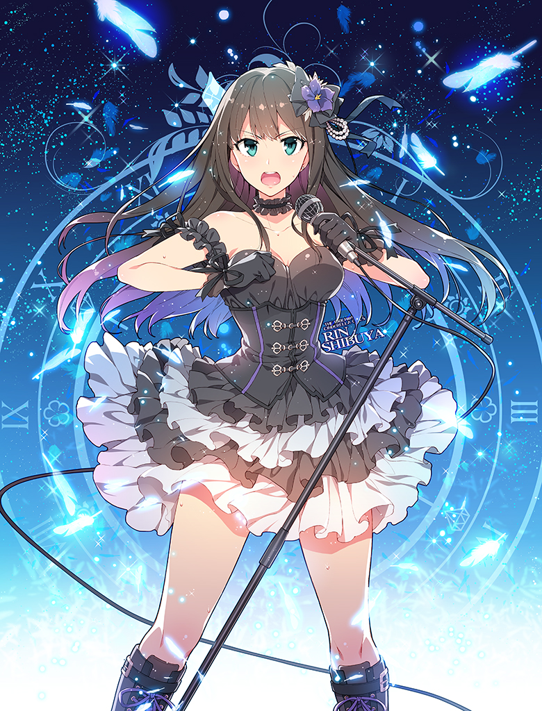 1girl aqua_eyes arm_grab bare_shoulders black_hair boots bow breasts character_name cleavage corset dress earrings feathers flower hair_bow hair_flower hair_ornament holding holding_microphone idolmaster idolmaster_cinderella_girls jewelry long_hair looking_at_viewer medium_breasts microphone neck_garter open_mouth roman_numerals round_teeth shibuya_rin skirt solo sparkle standing strapless strapless_dress sweat teeth