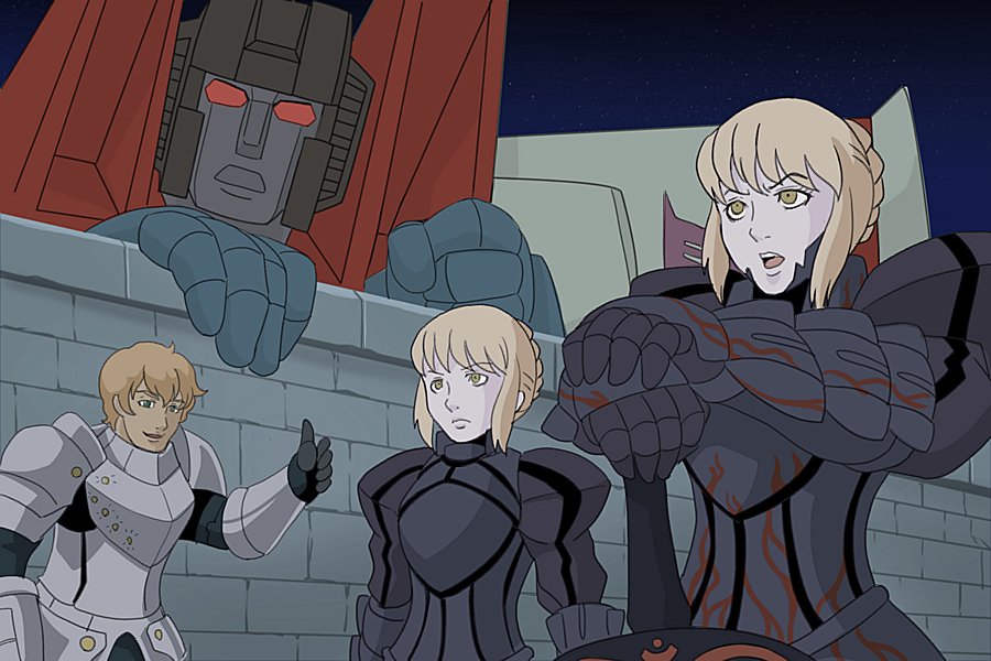 2boys 2girls 80s armor armored_dress blonde_hair breastplate breasts character_request crossover decepticon eyebrows_visible_through_hair fate_(series) full_armor gauntlets holding holding_sword holding_weapon insignia kamizono_(spookyhouse) knight large_breasts looking_at_viewer machine machinery mecha multiple_boys multiple_girls night night_sky oldschool open_mouth outdoors parody personification red_eyes robot sky smile star_(sky) starry_sky starscream style_parody sword transformers weapon yellow_eyes