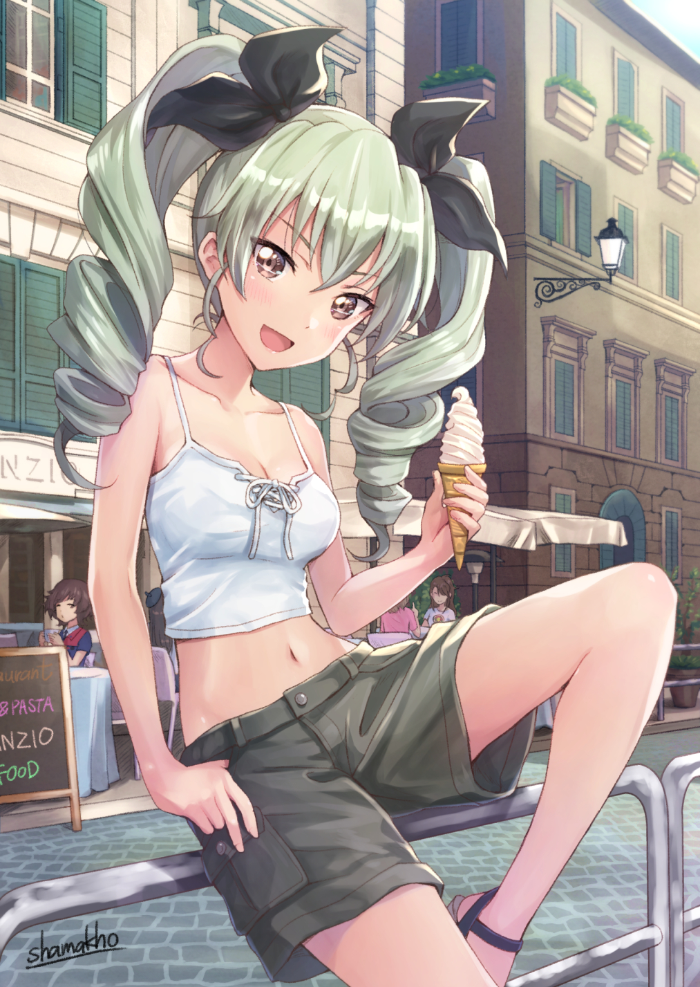 4girls :d against_railing akiyama_yukari alternate_costume anchovy artist_name bare_arms bare_legs bare_shoulders black_ribbon black_shorts blush breasts brown_eyes brown_hair building camisole city cleavage day drill_hair eyebrows_visible_through_hair food girls_und_panzer green_hair hair_ribbon hand_in_pocket highres holding holding_food ice_cream leaning leaning_on_object leg_up long_hair looking_at_viewer medium_breasts menu multiple_girls navel no_legwear open_mouth outdoors railing ribbon road sandals shamakho shiny shiny_hair shorts smile solo_focus spaghetti_strap stomach street thumb_in_pocket twin_drills twintails