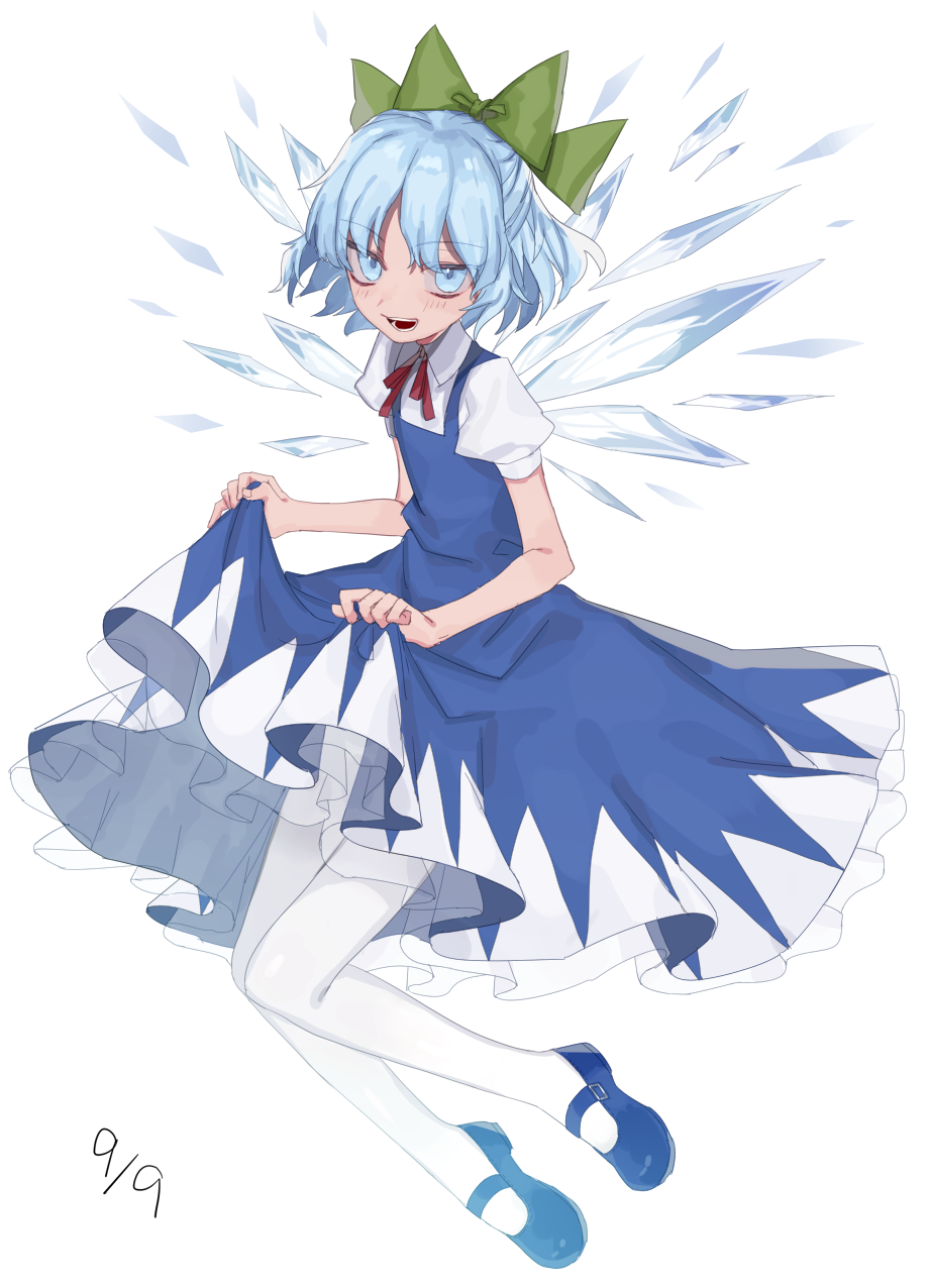 1girl bare_arms blue_dress blue_eyes blue_footwear blue_hair bow cirno dated dress dress_lift full_body green_bow hair_bow highres ice ice_wings lifted_by_self looking_at_viewer mary_janes pantyhose puffy_short_sleeves puffy_sleeves shoes short_hair short_sleeves simple_background solo touhou white_background white_legwear wing_collar wings