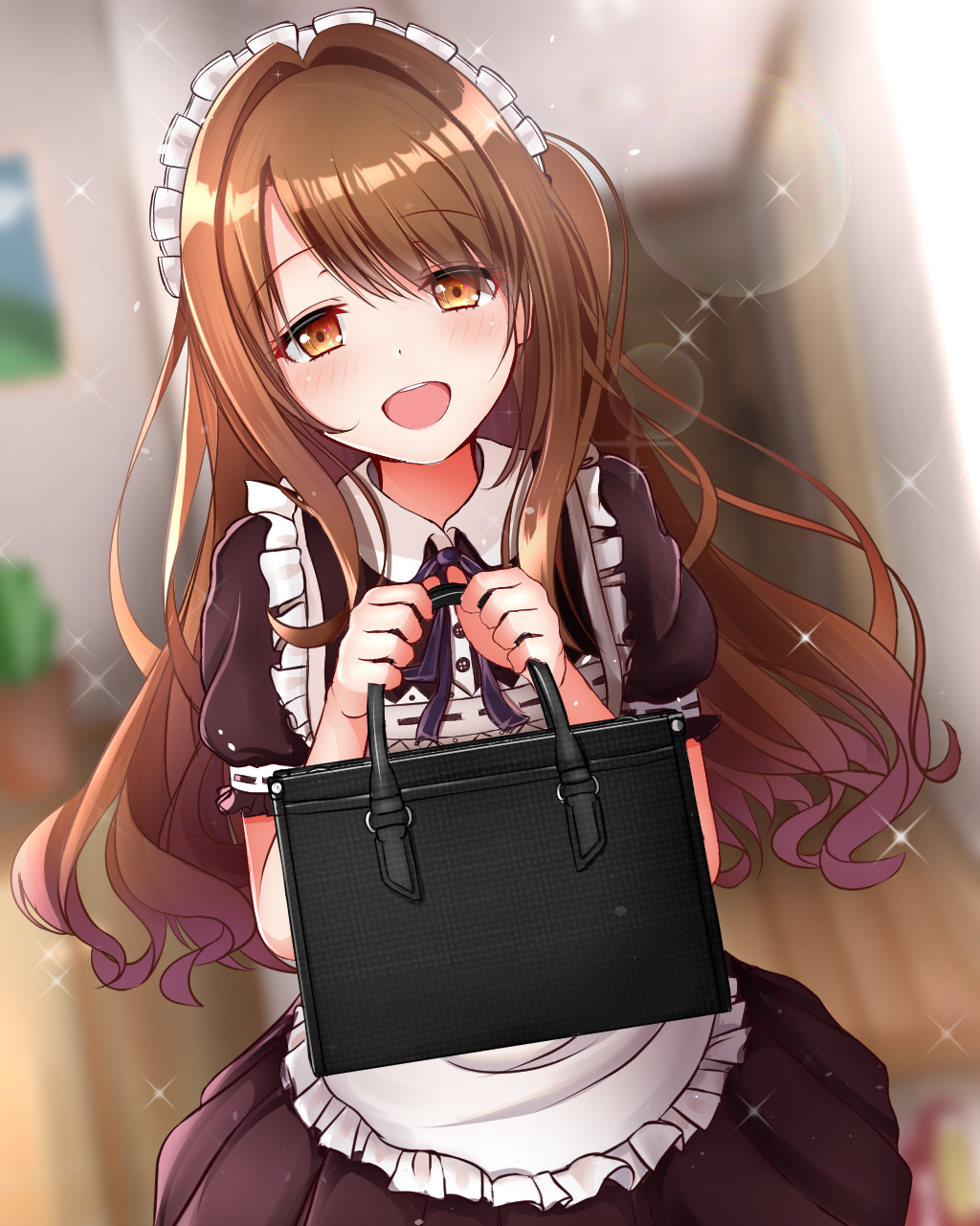 1girl :d alternate_costume apron bag bangs black_ribbon blurry blurry_background blush brown_dress brown_hair buttons collared_dress commentary_request door dress dutch_angle enmaided eyebrows_visible_through_hair frilled_apron frills hair_between_eyes hair_intakes half-closed_eyes hallway hands_up highres holding idolmaster idolmaster_cinderella_girls idolmaster_cinderella_girls_starlight_stage indoors karu_(qqqtyann) lens_flare long_hair looking_at_viewer maid maid_headdress neck_ribbon one_side_up open_mouth orange_eyes photo_(object) plant potted_plant puffy_short_sleeves puffy_sleeves ribbon round_teeth shimamura_uzuki shiny shiny_hair short_sleeves sidelocks smile solo sparkle swept_bangs tareme teeth white_apron wooden_floor