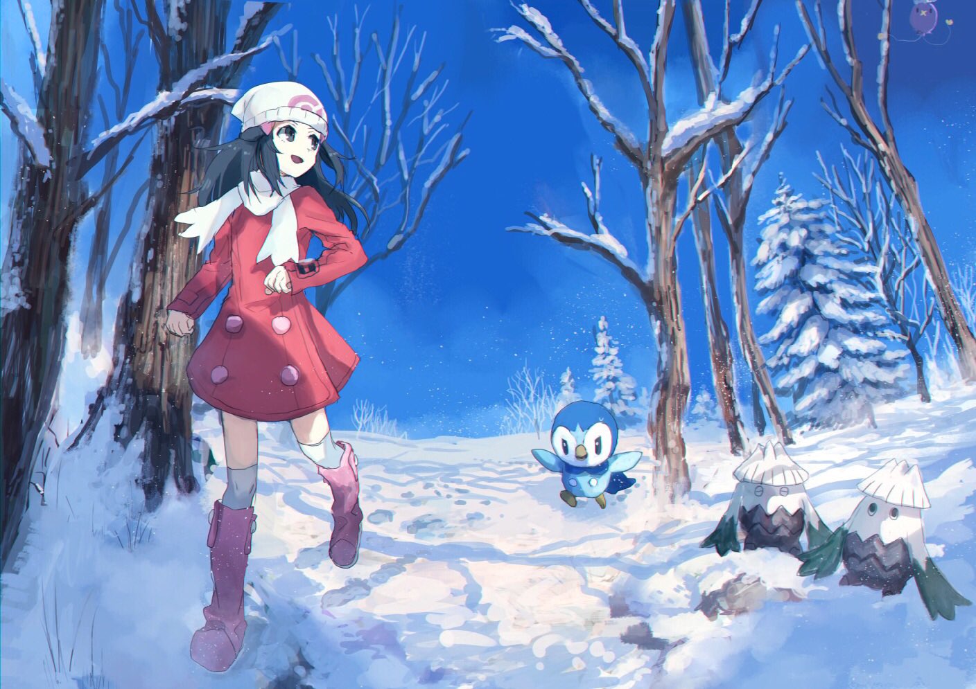 1girl :d bare_arms beanie black_eyes black_hair blue_sky boots coat day drifloon footprints hair_ornament hairclip hat hikari_(pokemon) knee_boots long_hair long_sleeves looking_to_the_side looking_up open_mouth outdoors pink_boots pink_coat piplup pippi_(pixiv_1922055) pokemon pokemon_(game) pokemon_dppt running scarf scenery sky sleeves_past_wrists smile snover snow thigh-highs white_legwear white_scarf winter winter_clothes winter_coat