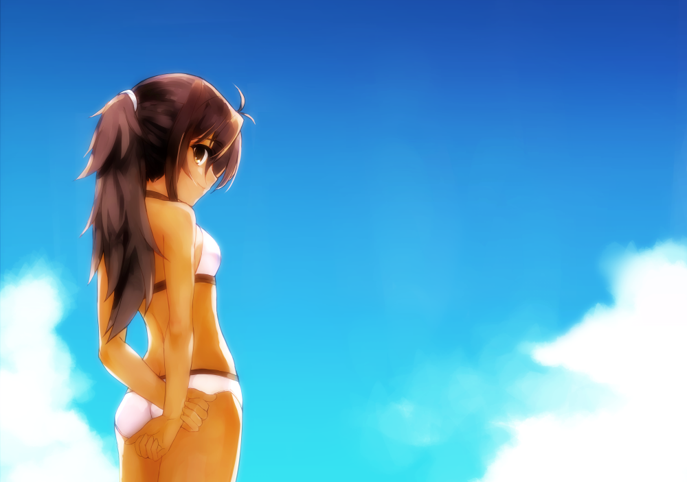 1girl adeltrud_walter ahoge alternate_hairstyle bikini blue_background blue_sky breasts brown_eyes brown_hair choker clouds cowboy_shot dark_skin day dual_ahoge from_side hair_tie knight's_&amp;_magic knight's_and_magic long_hair looking_at_viewer ponytail sidelocks sky small_breasts smile solo standing summer swimsuit tan tousled_hair udoku_(suzucaste) white_bikini