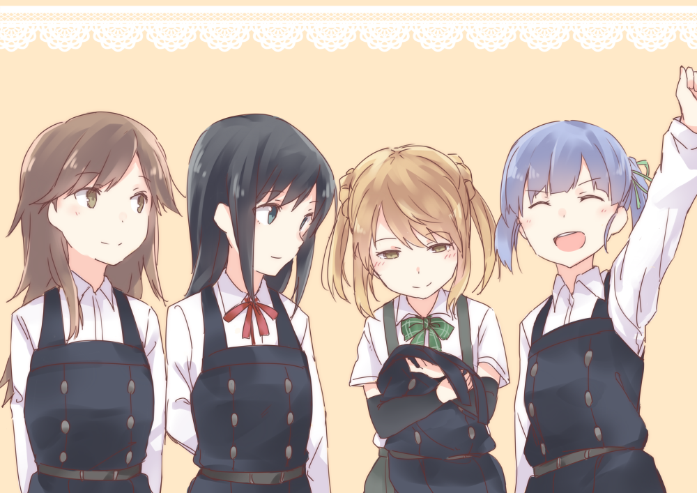 4girls ^_^ ^o^ arashio_(kantai_collection) asashio_(kantai_collection) black_hair blue_eyes brown_eyes brown_hair closed_eyes dress kantai_collection michishio_(kantai_collection) multiple_girls ooshio_(kantai_collection) pinafore_dress remodel_(kantai_collection) satsumi tagme