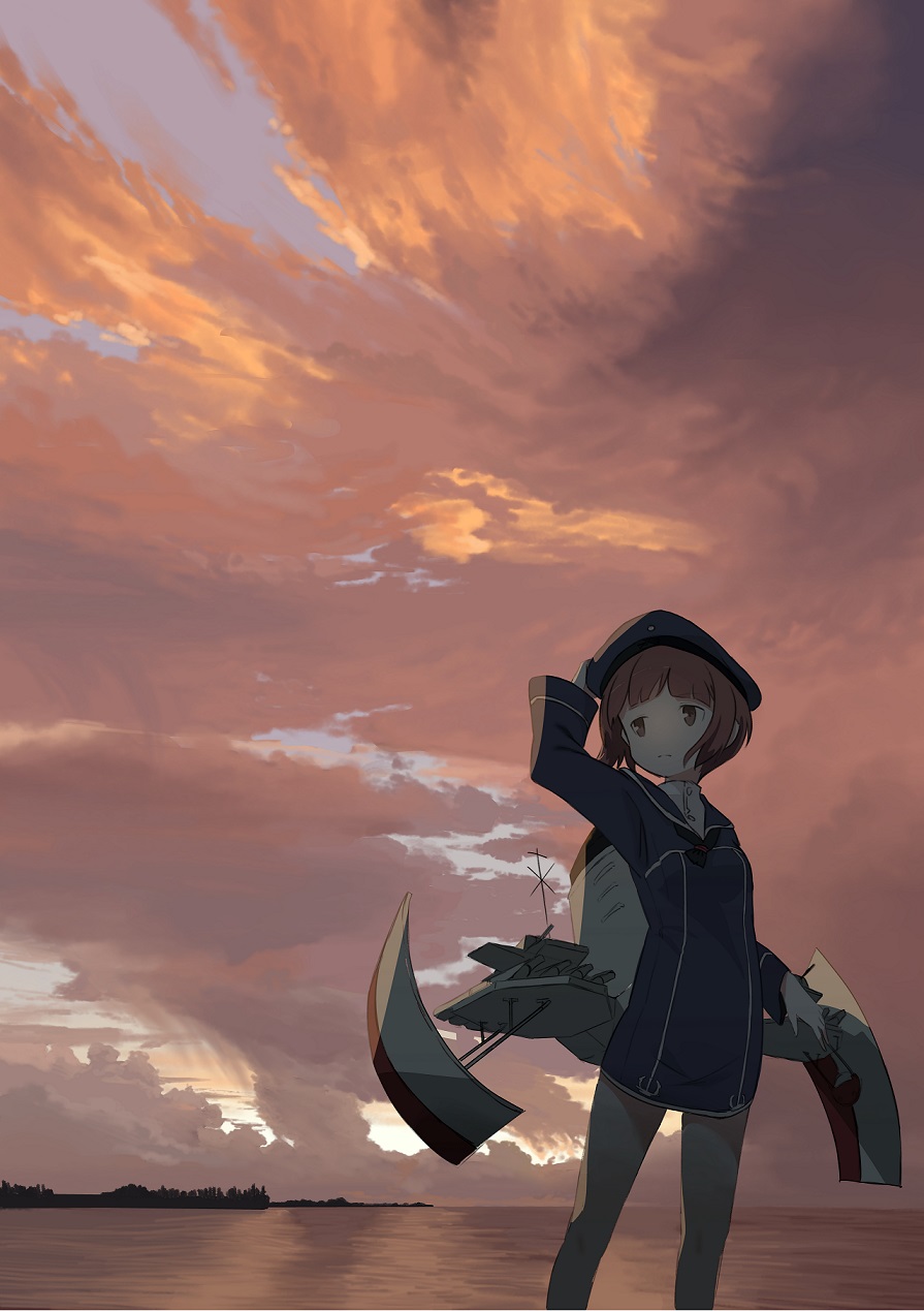 1girl beret brown_eyes cannon clouds cloudy_sky dress expressionless hand_on_head hand_on_headwear hat highres kantai_collection looking_away looking_to_the_side machinery morning narotake ocean outdoors red_eyes redhead sailor_dress short_hair sky solo standing torpedo turtleneck water z3_max_schultz_(kantai_collection)