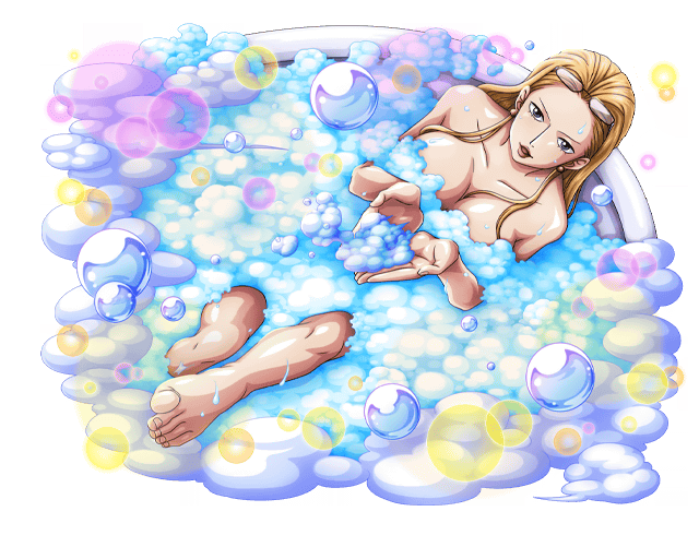 1girl bare_shoulders barefoot bathtub blonde_hair blue_eyes bodskih breasts cleavage collarbone feet from_above glasses_on_head kalifa large_breasts lipstick long_hair looking_at_viewer makeup nude one_leg_raised one_piece parted_lips red_lips shiny shiny_skin sitting soap_bubbles solo toes transparent_background