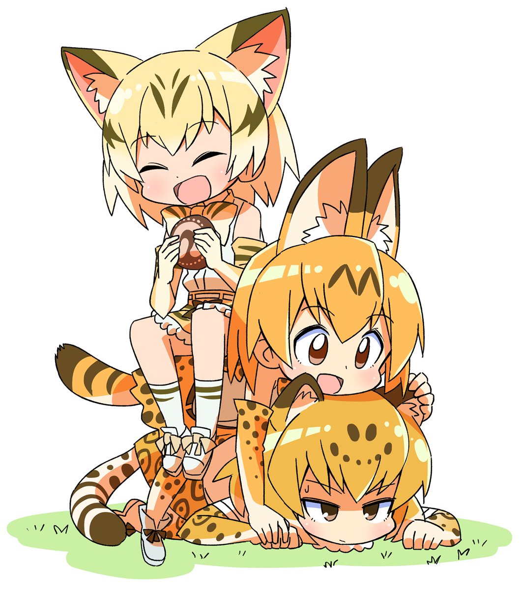 3girls animal_ears blonde_hair blush bow bowtie brown_eyes cat_ears cat_tail closed_eyes elbow_gloves food full_body gloves half-closed_eyes happy highres jaguar_(kemono_friends) jaguar_ears jaguar_print jaguar_tail japari_bun kemono_friends lying multiple_girls on_stomach open_mouth sand_cat_(kemono_friends) serval_(kemono_friends) serval_ears serval_print serval_tail short_hair simple_background sitting sitting_on_person smile tail white_background