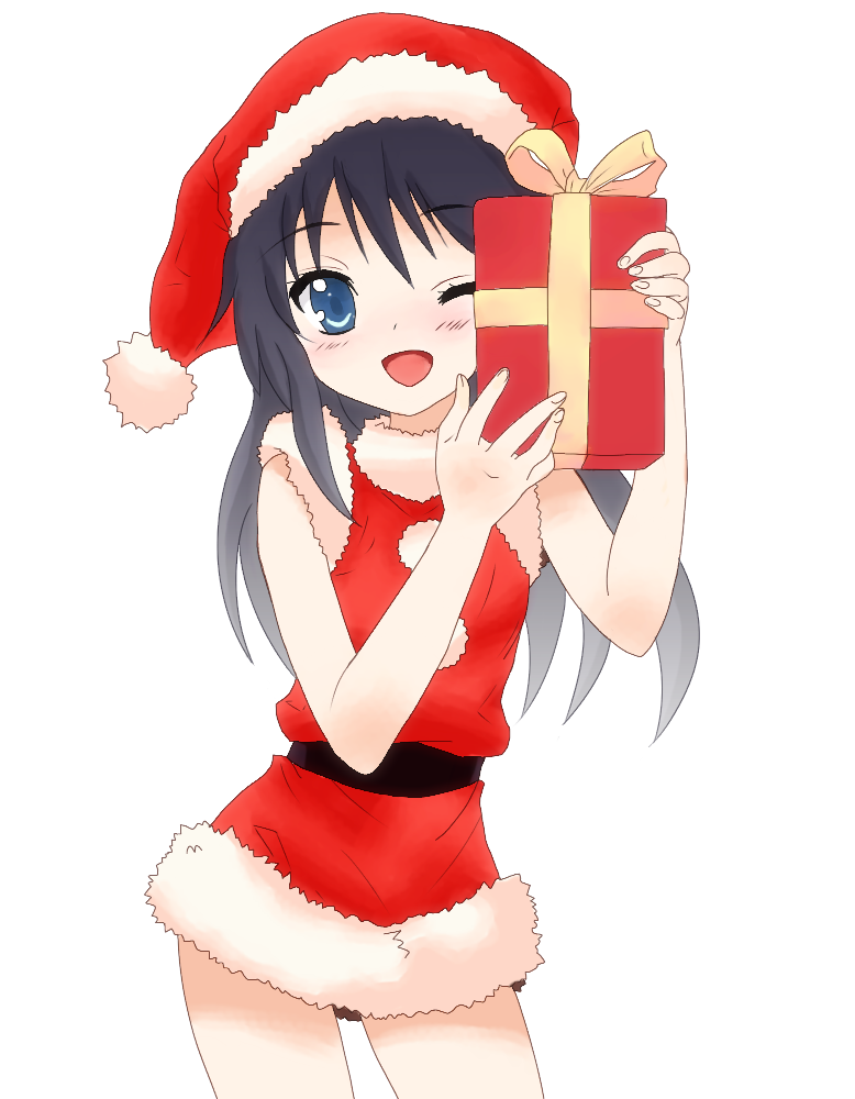 1girl ;d akatsuki_(kantai_collection) bare_arms black_belt black_hair blue_eyes blush box christmas commentary_request contrapposto derivative_work dress fingernails fur-trimmed_dress gift gift_box hat holding holding_gift kantai_collection long_hair looking_at_viewer mitchi one_eye_closed open_mouth red_dress santa_costume santa_hat shakugan_no_shana simple_background sleeveless sleeveless_dress smile solo standing white_background