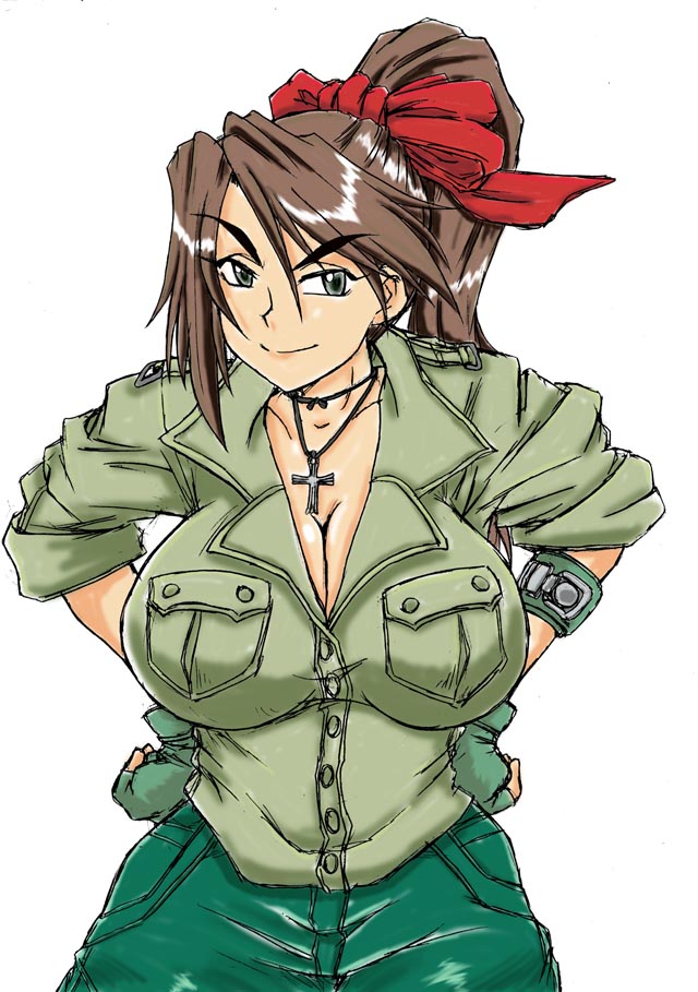 1girl black_eyes bow breasts brown_hair choker cleavage cross cross_necklace epaulettes eyebrows_visible_through_hair fingerless_gloves gamonkoubou gloves green green_eyes green_gloves green_pants green_shirt hair_bow hair_ribbon hands_on_hips jewelry large_breasts long_hair looking_at_viewer necklace pants ponytail red_bow ribbon_choker shirt sleeves_pushed_up smile solo thick_eyebrows tsurime white_background wolfgangina_getto wristband zombiepowder