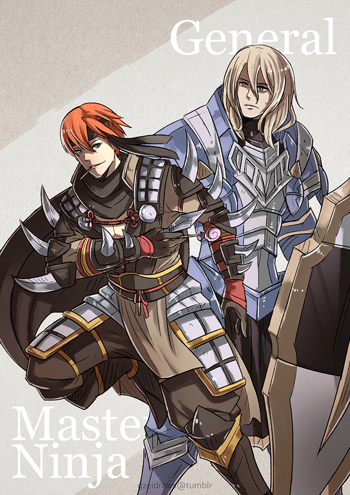 2boys armor blonde_hair breastplate candy cape eating english fire_emblem fire_emblem_if food gauntlets gloves greaves gurei_(fire_emblem_if) gzei holding holding_shield holding_weapon ignis_(fire_emblem_if) japanese_clothes knif knight kunai lollipop long_hair looking_at_viewer multiple_boys ninja redhead shield simple_background smile weapon