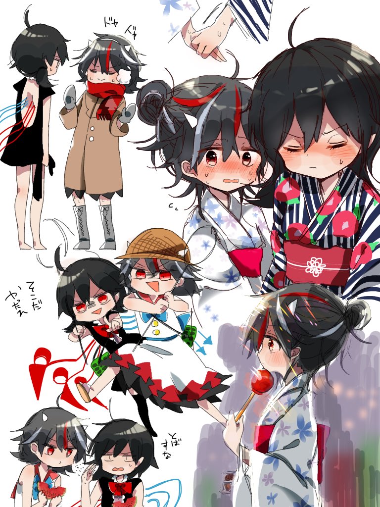 2girls ahoge alternate_costume alternate_hairstyle asymmetrical_wings bare_legs black_dress black_hair black_legwear blush boots butterfly_net candy_apple closed_eyes coat comic commentary_request dress earmuffs floral_print food fruit hair_bun hand_net hat horns houjuu_nue japanese_clothes kijin_seija kimono looking_at_viewer makura_shiitsu multicolored_hair multiple_girls obi open-back_dress pointy_ears red_eyes red_scarf redhead sash scarf short_dress short_hair skirt spitting standing straw_hat streaked_hair sweat thigh-highs touhou translation_request watermelon watermelon_seeds white_hair white_kimono white_skirt wings winter_clothes winter_coat yukata