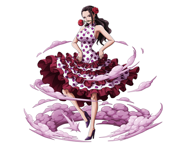 1girl black_hair bodskih breasts brown_eyes dress flower full_body hair_flower hair_ornament high_heels large_breasts layered_dress long_hair looking_at_viewer mouth_hold one_piece polka_dot polka_dot_dress purple_shoes red_flower shiny shiny_skin shoes sideboob sleeveless sleeveless_dress solo standing transparent_background viola_(one_piece)