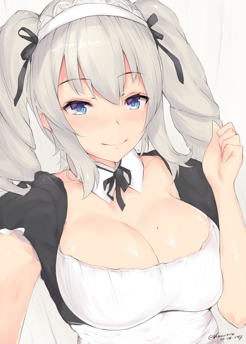 1girl 2017 alternate_costume apron blue_eyes blush breasts breasts_outside cleavage collarbone commentary_request dated detached_collar enmaided hair_between_eyes kantai_collection kashima_(kantai_collection) kuavera large_breasts long_hair looking_at_viewer maid maid_apron maid_headdress self_shot silver_hair simple_background smile solo swimsuit twintails twitter_username upper_body white_background