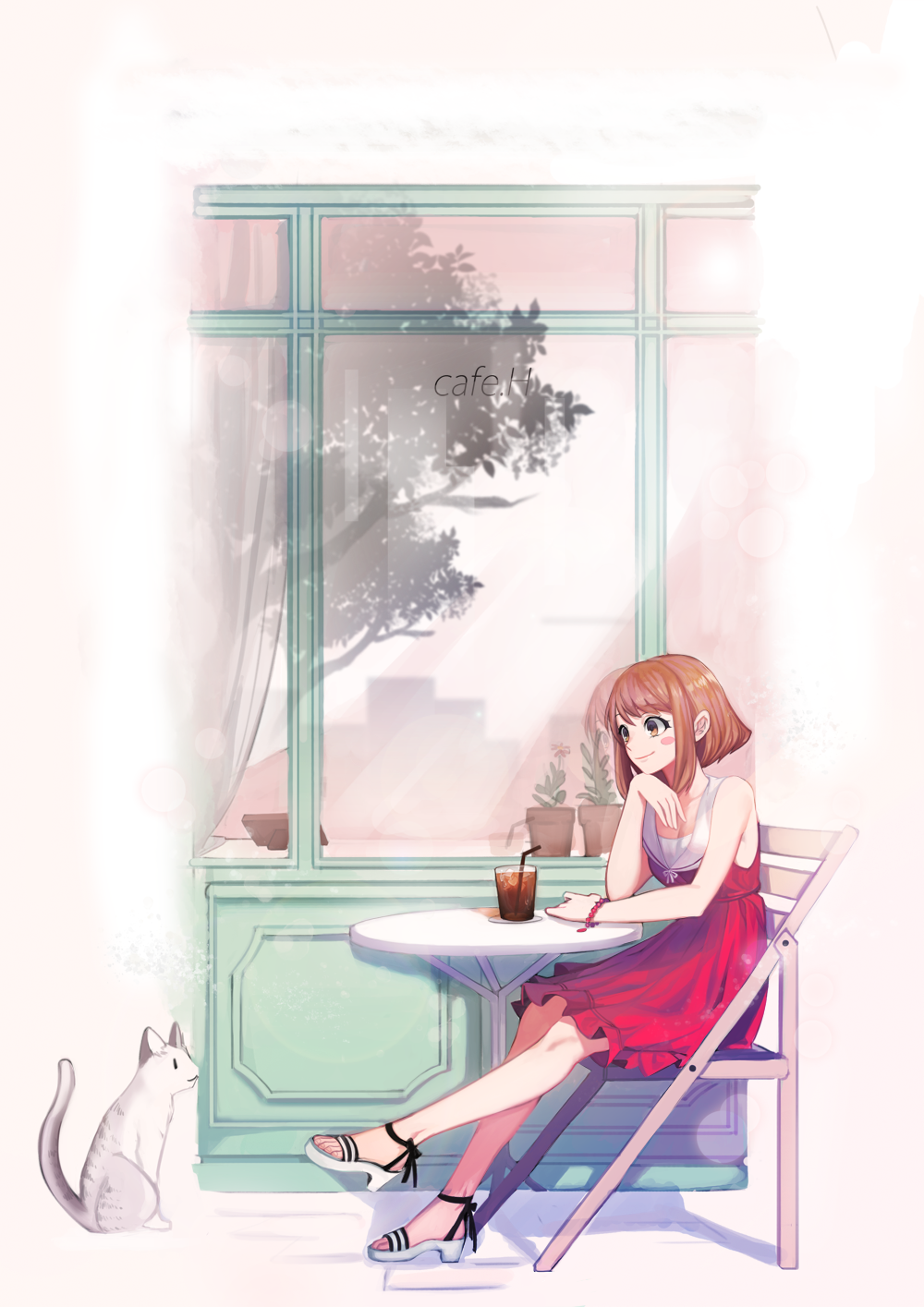 1girl bare_shoulders blush_stickers boku_no_hero_academia bracelet brown_eyes brown_hair cafe cat cup dress drink drinking_glass drinking_straw full_body highres jewelry looking_at_another outdoors raran_(lllng000) red_dress reflection sailor_dress short_hair sitting sleeveless sleeveless_dress smile solo table uraraka_ochako window
