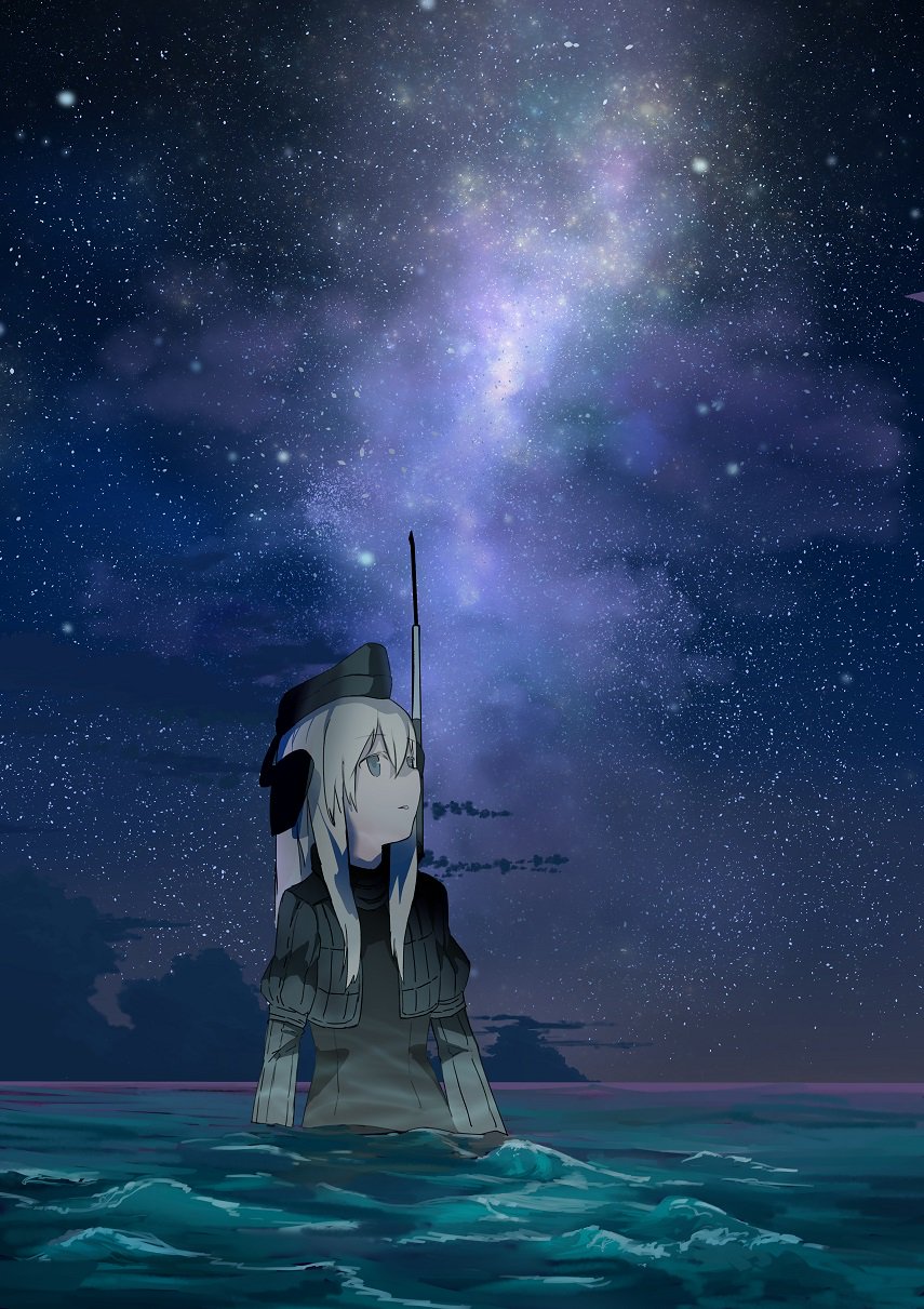 1girl antennae blue_eyes clouds cropped_jacket eyebrows_visible_through_hair garrison_cap hat headgear highres juliet_sleeves kantai_collection long_hair long_sleeves looking_away looking_up military military_uniform narotake night ocean outdoors parted_lips partially_submerged platinum_blonde puffy_long_sleeves puffy_sleeves sky solo star_(sky) starry_sky swimsuit swimsuit_under_clothes u-511_(kantai_collection) uniform water