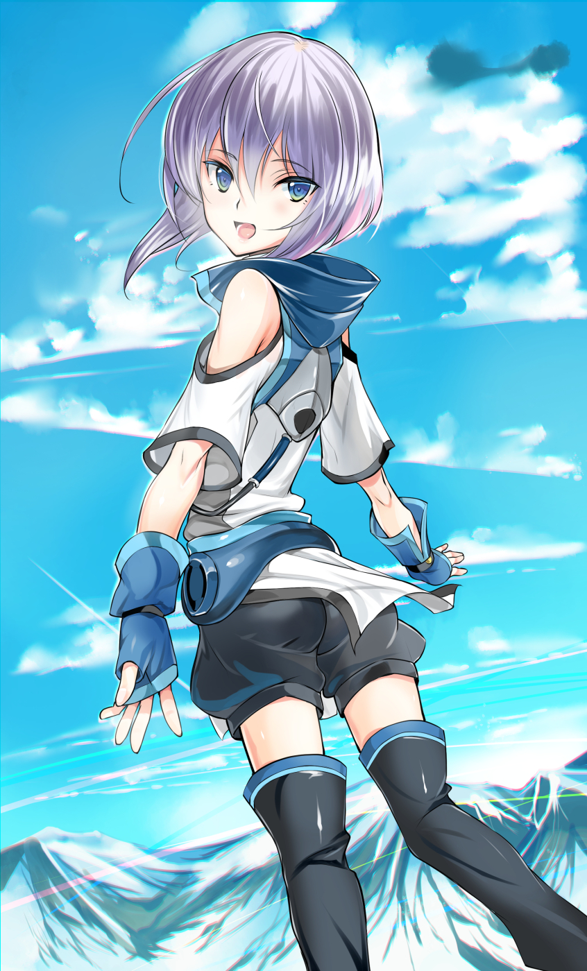 1boy ahoge ass black_legwear blue_eyes blue_gloves blue_sky chromatic_aberration clouds coin_rand ernesti_echevalier fingerless_gloves gloves highres knight's_&amp;_magic knight's_and_magic looking_at_viewer looking_back mountain open_mouth shorts shoulder_cutout silver_hair sky smile solo thigh-highs tsurime