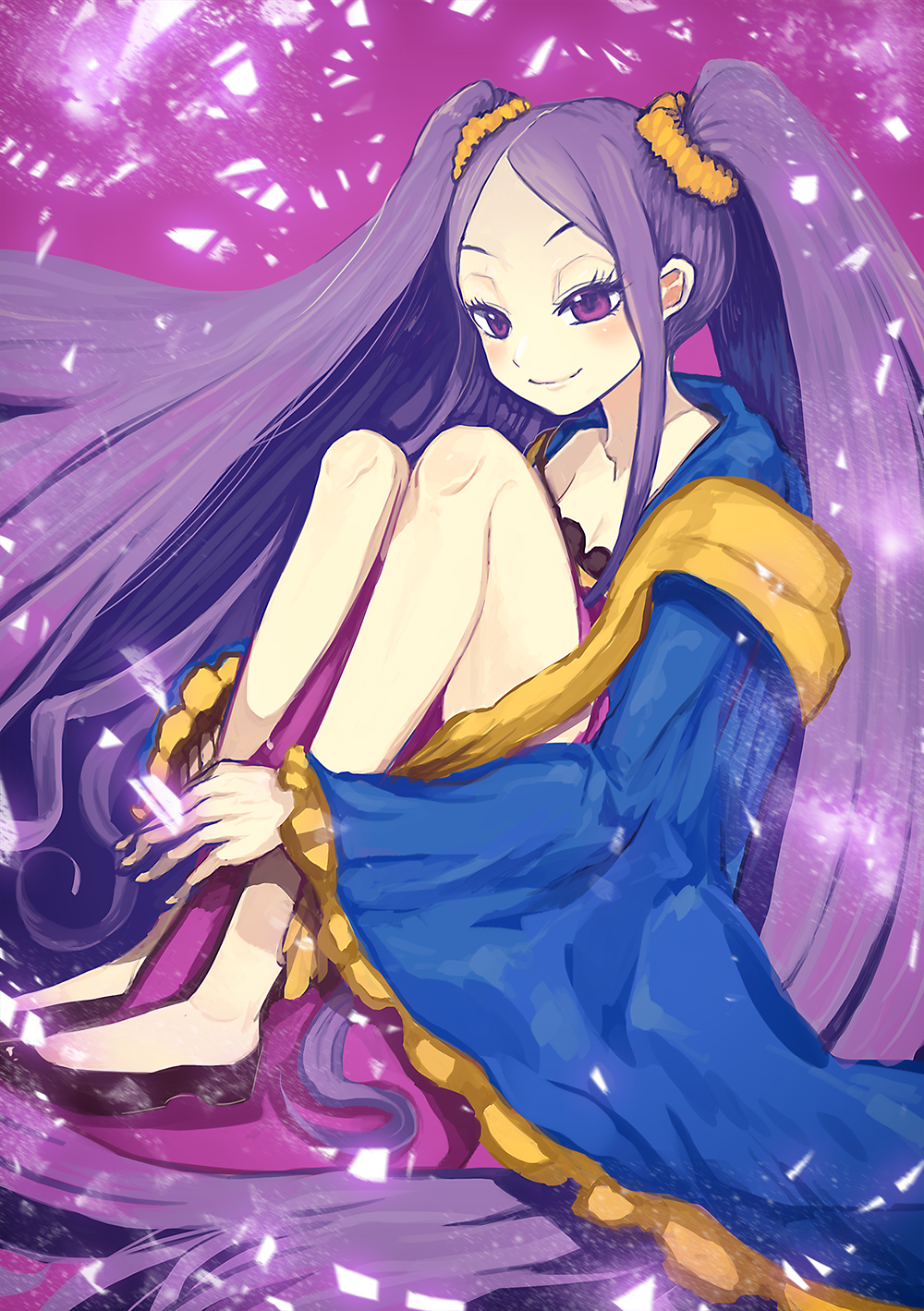 1girl absurdly_long_hair bare_legs bare_shoulders barefoot black_footwear blush closed_mouth collarbone eyebrows eyelashes facing_away fate/grand_order fate_(series) flat_chest forehead frilled_sleeves frills full_body hagoromo half-closed_eyes highres japanese_clothes kimono kururi_(9ruri) legs legs_apart light_particles lips long_hair long_sleeves looking_away off_shoulder pink_lips purple purple_background purple_hair purple_kimono raised_eyebrows scrunchie shawl shoes sidelocks sitting smile solo tsurime twintails very_long_hair violet_eyes wide_sleeves wu_zetian_(fate/grand_order)