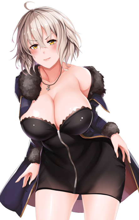 &gt;:( 1girl ahoge bangs black_dress blush breasts cleavage closed_mouth collarbone cowboy_shot dress fate/grand_order fate_(series) fur_trim jacket jeanne_alter jewelry large_breasts leaning_forward long_sleeves looking_at_viewer necklace off_shoulder open_clothes open_jacket ruler_(fate/apocrypha) short_dress short_hair silver_hair simple_background solo white_background yanochi yellow_eyes