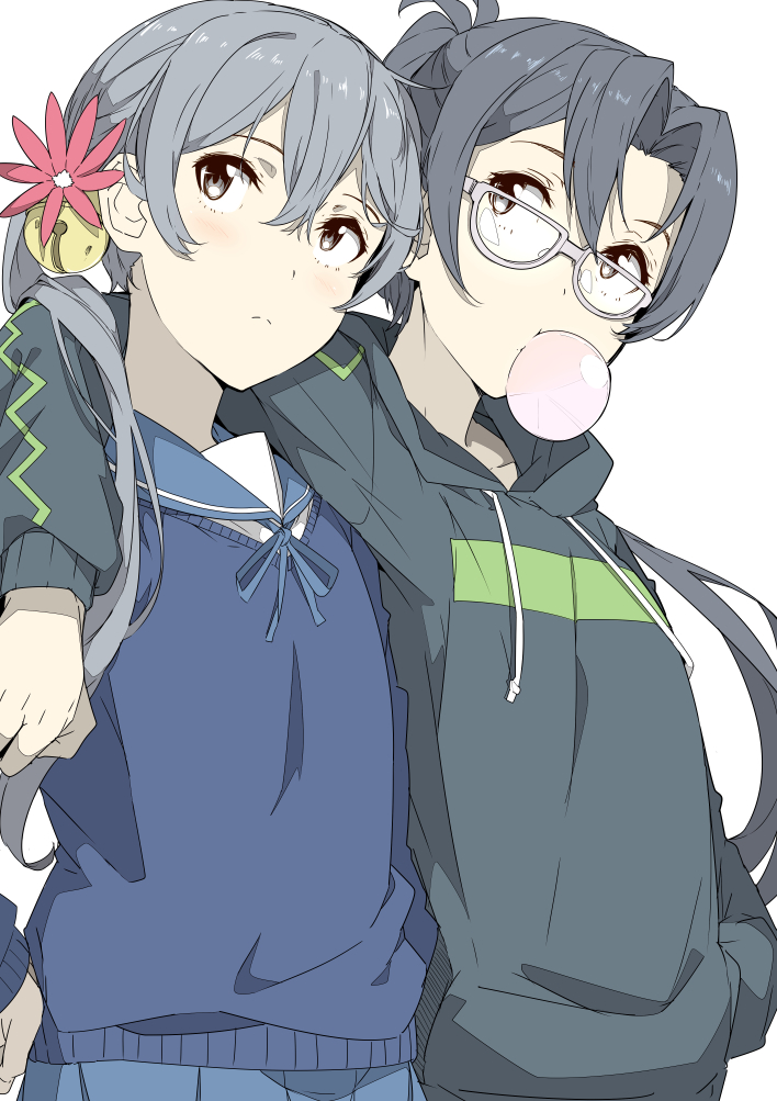 2girls akebono_(kantai_collection) amagiri_(kantai_collection) bell black_hair blue_sailor_collar chewing_gum flower glasses grey-framed_eyewear grey_eyes hair_between_eyes hair_flower hair_ornament jingle_bell kantai_collection long_hair long_sleeves multiple_girls ninimo_nimo ponytail purple_hair sailor_collar side_ponytail simple_background violet_eyes white_background