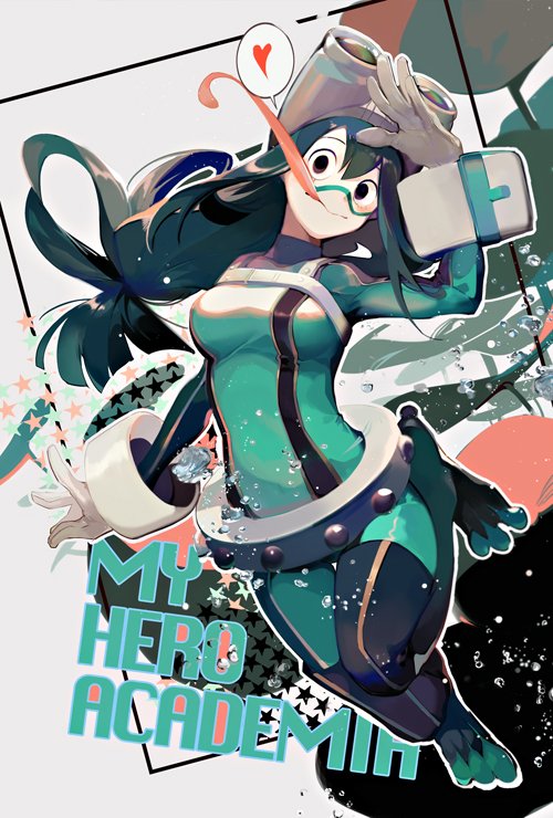 1girl :&gt; asui_tsuyu black_eyes black_hair blush bodysuit boku_no_hero_academia breasts frog_girl gloves green_hair hair_rings long_hair long_tongue looking_at_viewer low-tied_long_hair nineo simple_background solo tongue tongue_out