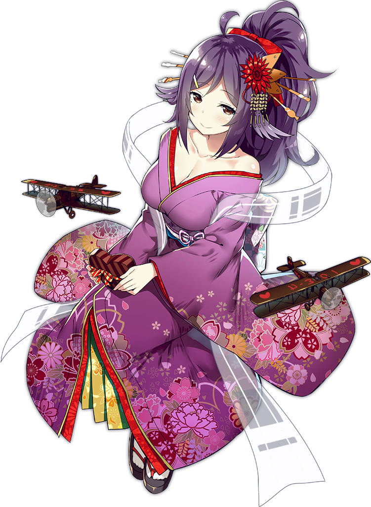 1girl ahoge aircraft alternate_costume alternate_hairstyle azur_lane black_legwear breasts brown_eyes chocolate chocolate_heart cleavage flower hagoromo hair_flower hair_ornament heart houshou_(azur_lane) japanese_clothes kimono large_breasts off_shoulder purple_hair shawl sky_(freedom) smile solo thigh-highs zettai_ryouiki