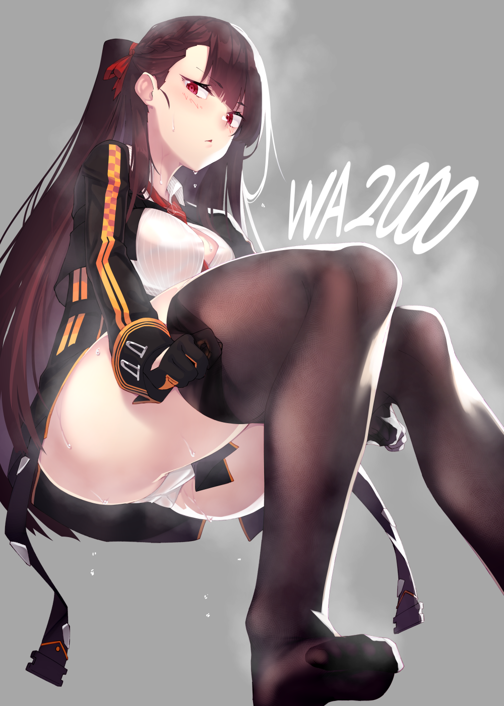 1girl asymmetrical_bangs bangs between_breasts black_gloves black_legwear black_skirt blush breasts brown_hair character_name closed_mouth collared_shirt cropped_jacket dev dressing dripping eyebrows_visible_through_hair from_below full_body girls_frontline gloves grey_background high-waist_skirt highres hot jacket long_hair long_sleeves looking_at_viewer medium_breasts necktie one_side_up open_clothes open_jacket panties red_necktie shirt simple_background sitting skirt solo steam steaming_body sweat sweating thigh-highs thighhighs_pull thighs tsurime underbust underwear violet_eyes wa2000_(girls_frontline) white_panties white_shirt
