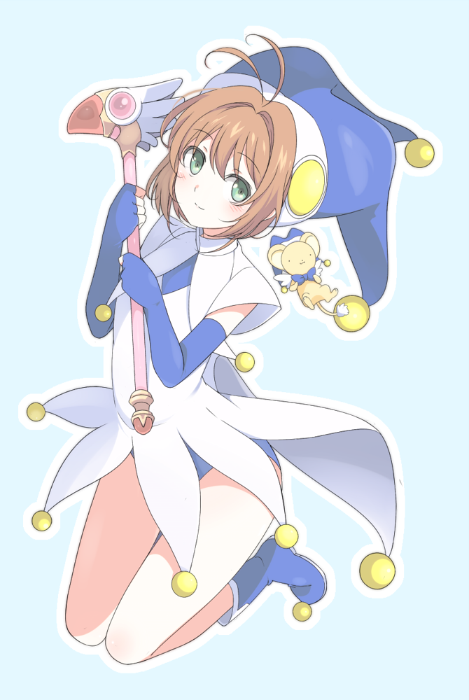 1girl antenna_hair blue_background blue_footwear blue_gloves blue_hat blue_leotard blush boots brown_hair card_captor_sakura elbow_gloves eyebrows_visible_through_hair fingerless_gloves full_body gloves green_eyes hair_between_eyes hat holding holding_staff kero kinomoto_sakura leotard looking_at_viewer mobu short_hair smile solo staff