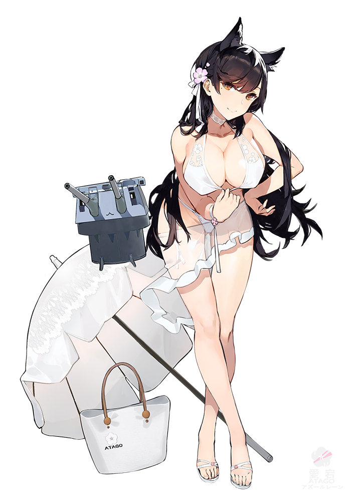 1girl animal_ears artist_name atago_(azur_lane) azur_lane bag bangs bikini bikini_pull black_hair breasts brown_eyes cannon character_name cleavage collarbone company_name copyright_name eyebrows_visible_through_hair flower full_body hair_flower hair_ornament hair_ribbon kishiyo large_breasts legs legs_crossed long_hair looking_at_viewer mole mole_under_eye official_art purple_flower ribbon sandals shopping_bag sidelocks simple_background smile solo swept_bangs swimsuit tsurime turret umbrella watermark watson_cross white_background white_bikini white_ribbon