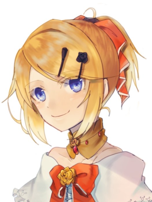 1girl aku_no_musume_(vocaloid) bare_shoulders black_rose blonde_hair blue_eyes bow choker collarbone dress_bow earrings evillious_nendaiki face flower hair_bow hair_ornament hairclip jewelry kagamine_rin looking_at_viewer mayo_(mayone-u) portrait riliane_lucifen_d'autriche rose smile solo updo vocaloid yellow_rose