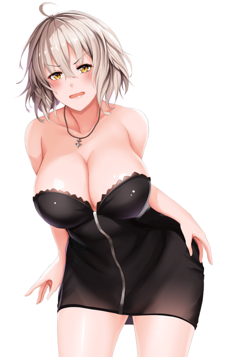 1girl ahoge bangs bare_shoulders black_dress blush breasts cleavage collarbone cowboy_shot dress fate/grand_order fate_(series) jeanne_alter jewelry large_breasts leaning_forward looking_at_viewer necklace parted_lips ruler_(fate/apocrypha) short_dress short_hair silver_hair simple_background solo white_background yanochi yellow_eyes