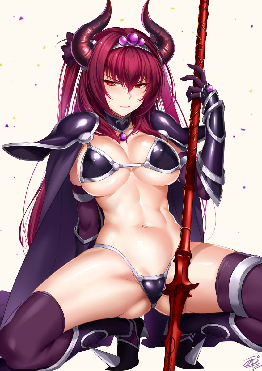 1girl abs angry arm_behind_back arm_support armlet armor armored_boots bangs bikini_armor black_armor boots breasts cape confetti cosplay crotch elbow_gloves elizabeth_bathory_(brave)_(fate) elizabeth_bathory_(brave)_(fate)_(cosplay) embarrassed fate/grand_order fate_(series) gae_bolg gem gloves gluteal_fold gorget greaves hair_ribbon highres horns lancer_(fate/extra_ccc) large_breasts long_hair navel okitakung pauldrons polearm purple_gloves purple_hair purple_legwear purple_ribbon red_eyes ribbon scathach_(fate/grand_order) simple_background solo spear spread_legs squatting sweatdrop thighs tiara tied_hair twintails vambraces waist weapon white_background