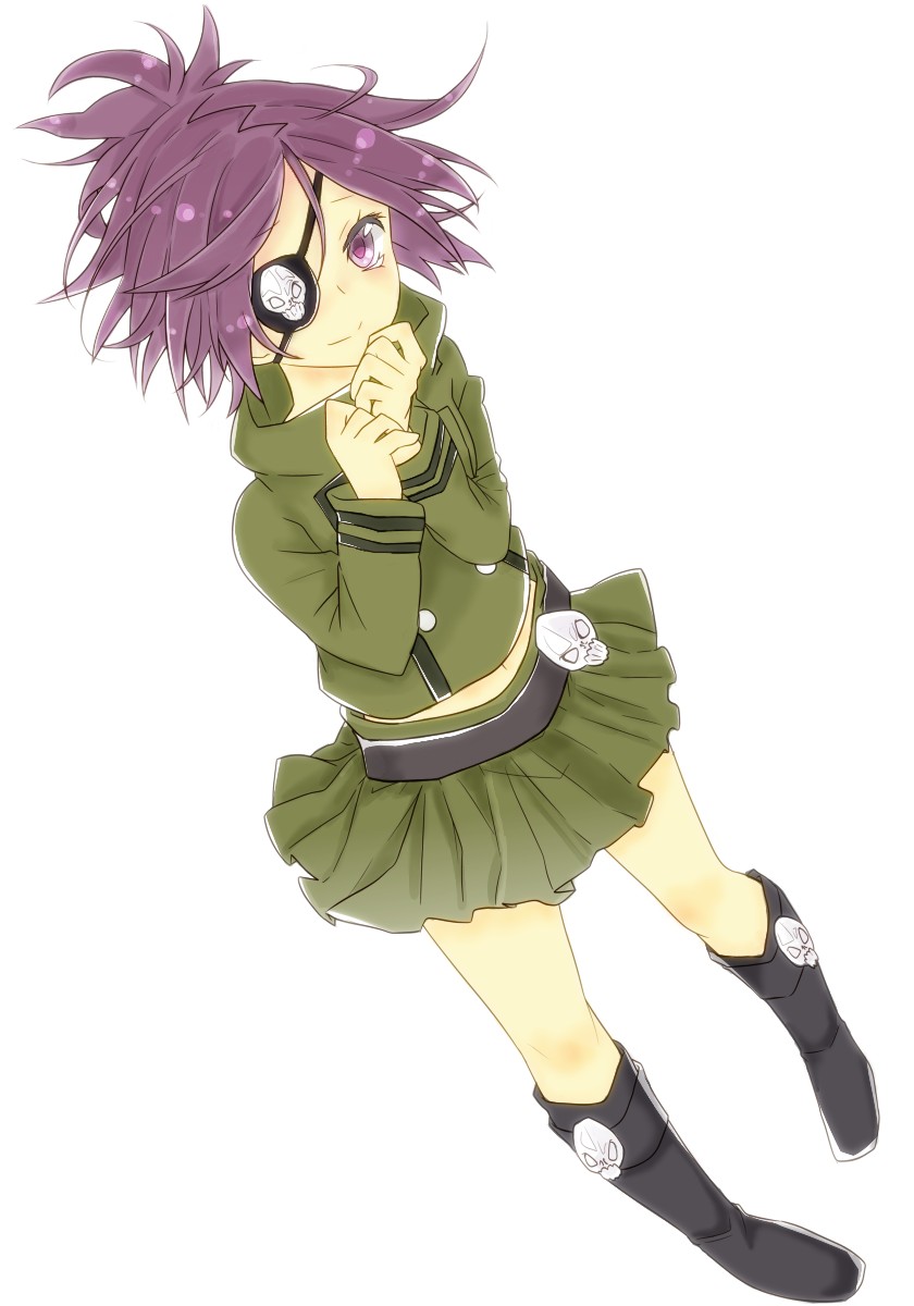 1girl bad_id bad_pixiv_id breasts chrome_dokuro eyepatch highres katekyo_hitman_reborn midriff purple_hair short_hair skirt solo violet_eyes