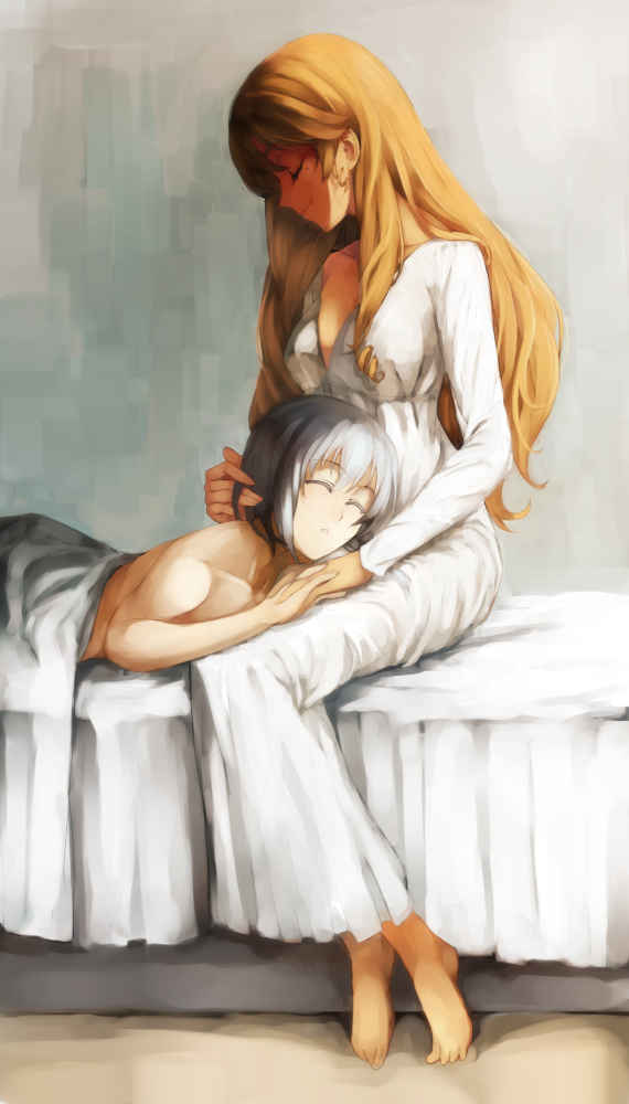 1boy 1girl barefoot bed blonde_hair breasts cleavage closed_eyes dress drill_locks ernesti_echevalier feet grey_background hand_in_another's_hair indoors interlocked_fingers knight's_&amp;_magic lap_pillow long_hair mole mole_under_eye sleeping sleeping_gown smile stefania_celarti toes udoku_(suzucaste) under_covers very_long_hair white_dress