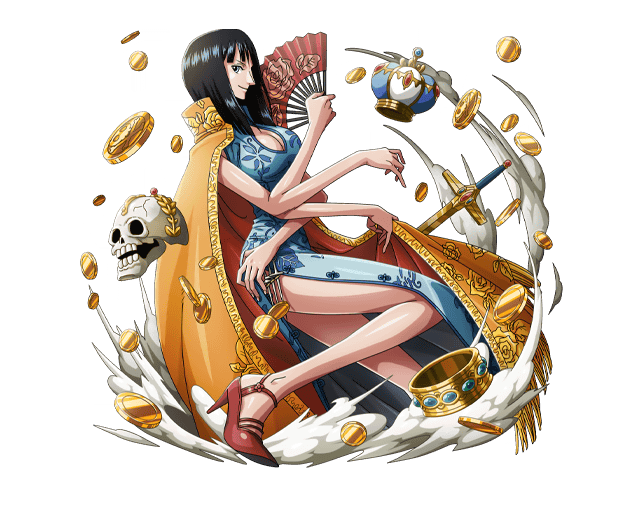 black_hair blue_dress blue_eyes bodskih breasts cleavage cleavage_cutout dress fan high_heels holding holding_fan large_breasts long_hair looking_at_viewer nico_robin one_piece red_shoes shiny shiny_skin shoes skull sleeveless sleeveless_dress sword transparent_background weapon