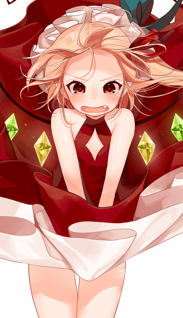 1girl bare_arms bare_legs bare_shoulders blonde_hair dress dress_tug facial_mark fang flandre_scarlet forehead_mark gotoh510 hair_ribbon hat hat_ribbon long_hair mob_cap open_mouth red_dress red_eyes red_ribbon ribbon side_ponytail solo standing touhou v_arms white_hat wind wind_lift wings